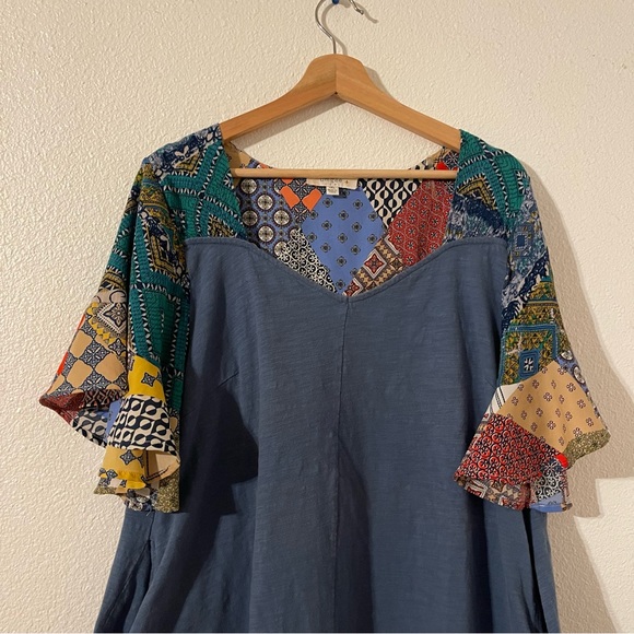 Umgee Dress Womens XL Blue Patchwork Flutter Sleeve w/ Pockets Boho Beach Hippie - Picture 2 of 11
